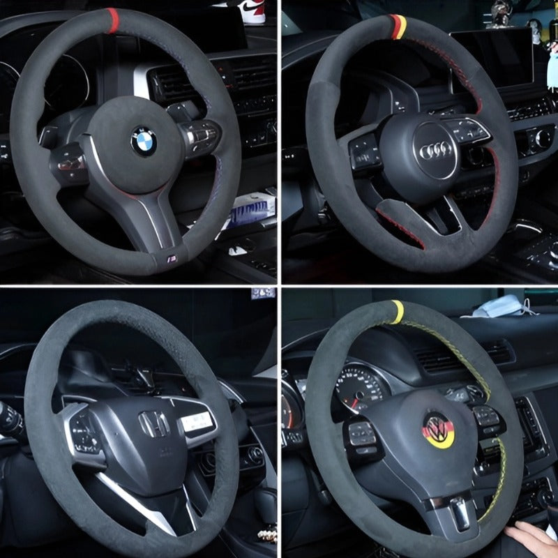 Hand-stitched tumbled leather steering wheel cover for Chery